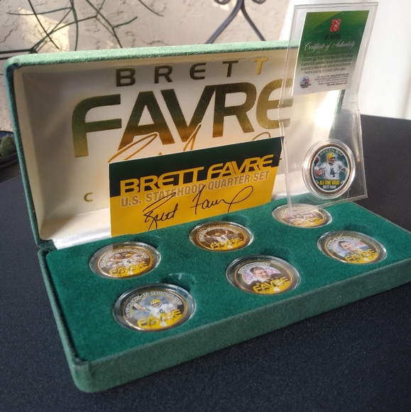 RARE: Brett Favre: US Statehood Quarter Set, Gold Plated Quarters, 7 Coins - Picture 2 of 16